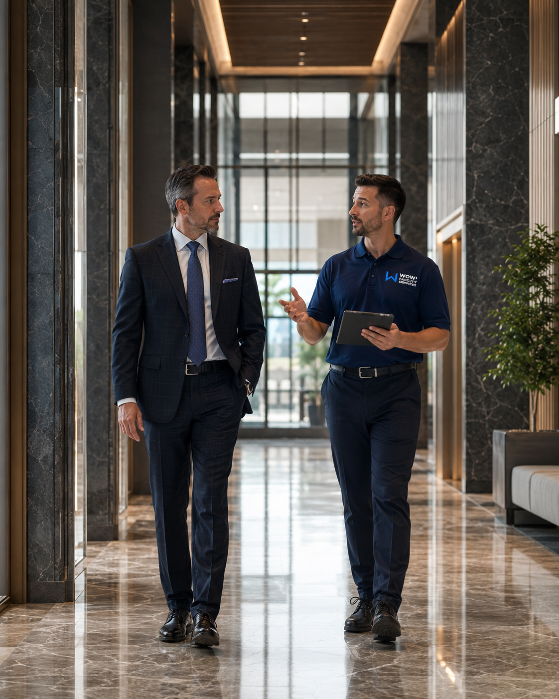 Two men walk and talk in a modern office hallway; one wears a suit, the other a polo with visible WOW! Facility Services branding and carries a tablet.