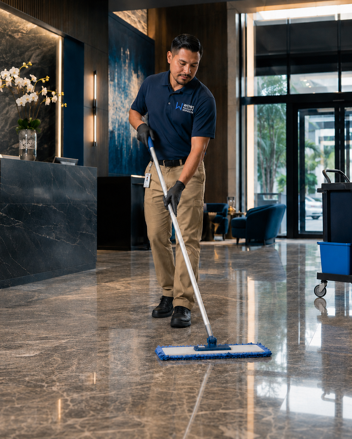 A WOW! Facility Services janitor in uniform mops the glossy marble floor of a modern building lobby, with a cleaning cart beside them displaying visible WOW! branding.