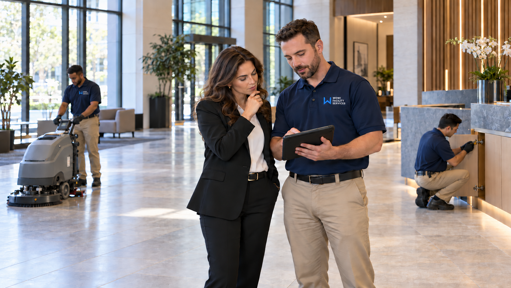 Property manager and WOW! account manager planning facility vendor consolidation on a tablet while WOW! team members clean the lobby